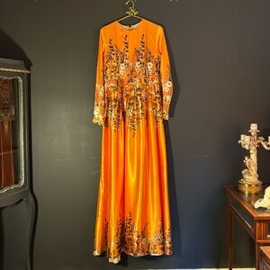 AnnahHariri Orange Satin Floral Maxi Dress